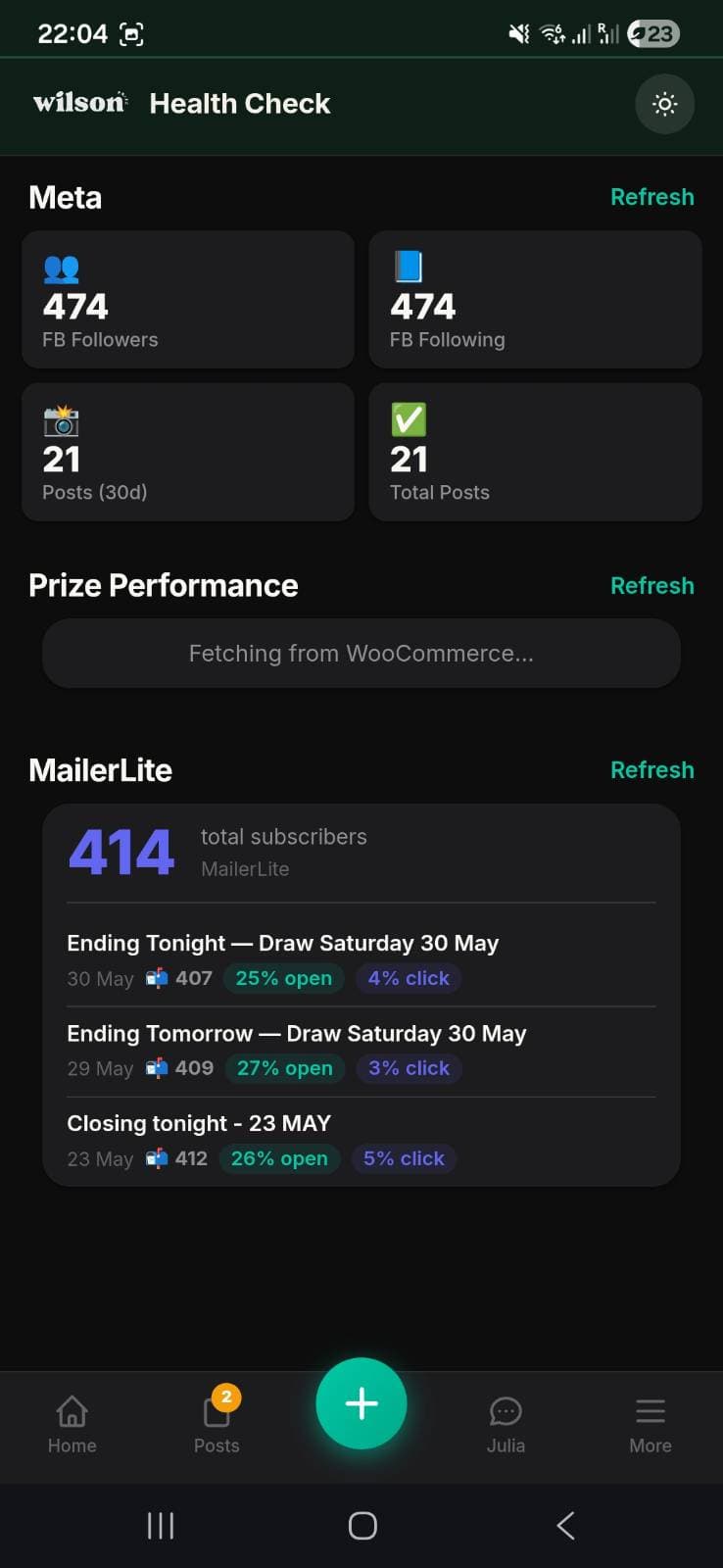 The AbbaAI app showing live follower, subscriber and posting numbers for a real brand