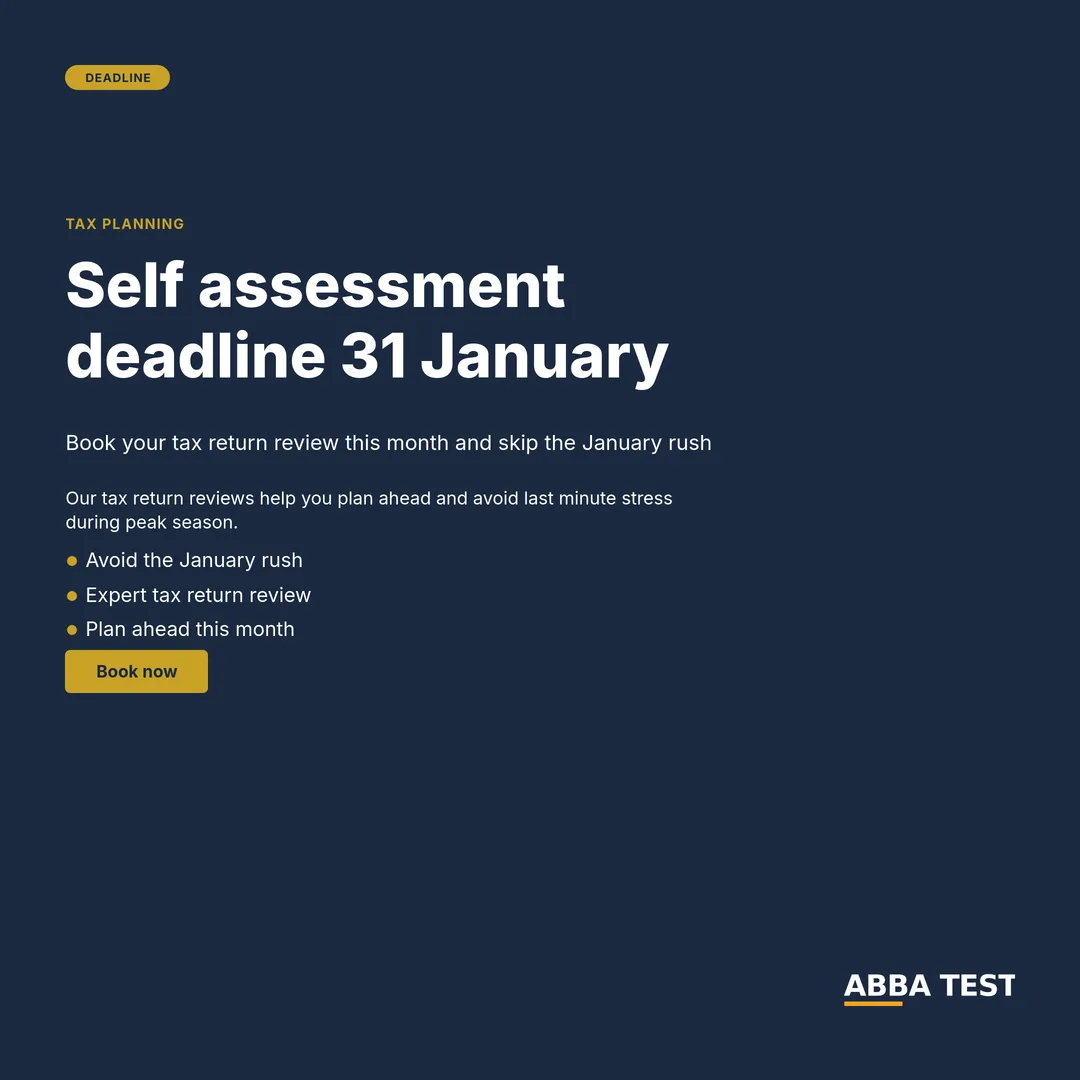 A square social post for an accountancy practice about booking a tax return review before the January deadline