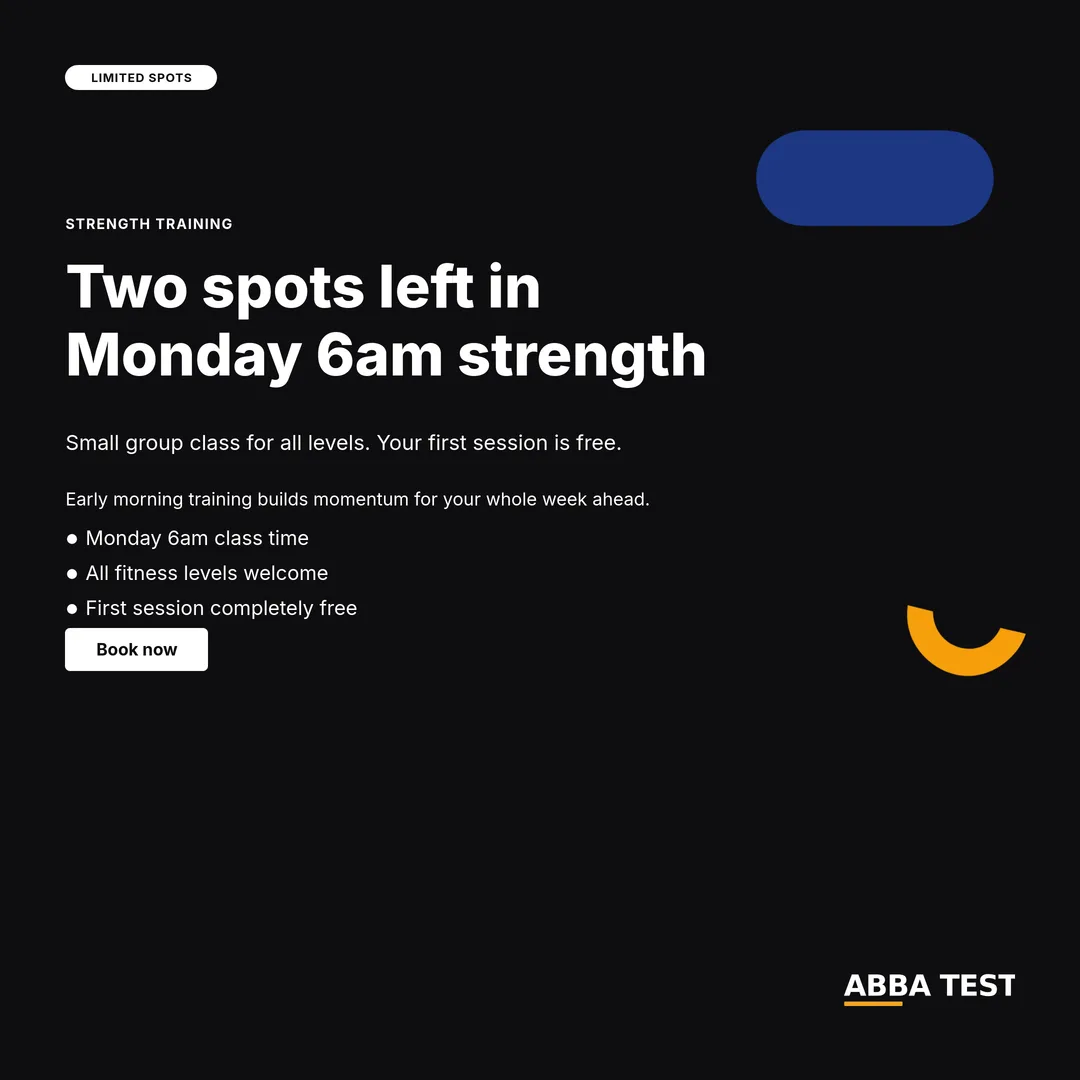 A square social post for a boutique gym with two spots left in a Monday 6am strength class