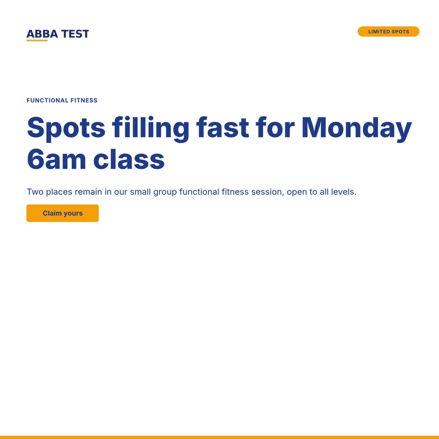 A square announcement banner for the Monday 6am class with a Claim yours button