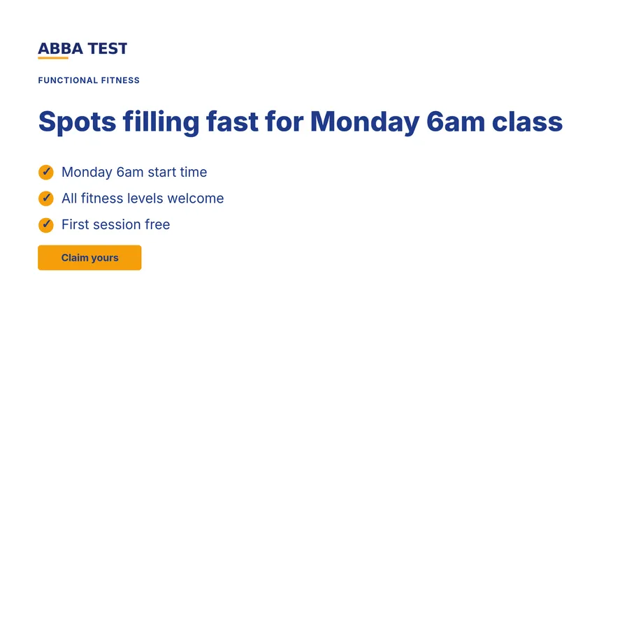 A square design listing three points about the Monday 6am class, in the test account's blue and orange