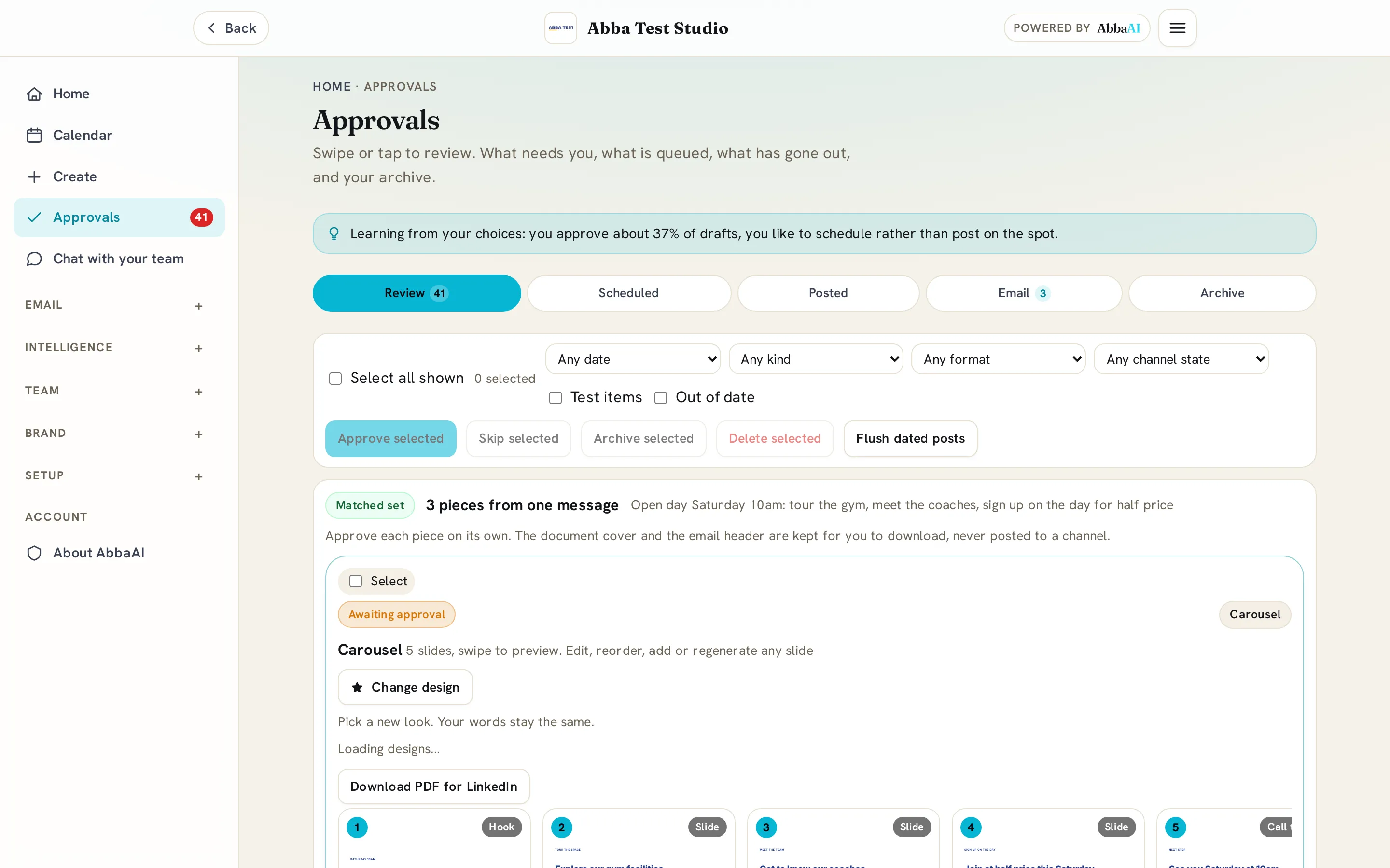 The approvals queue in AbbaAI on a desktop: posts awaiting approval with Approve, Post now, Schedule and Skip