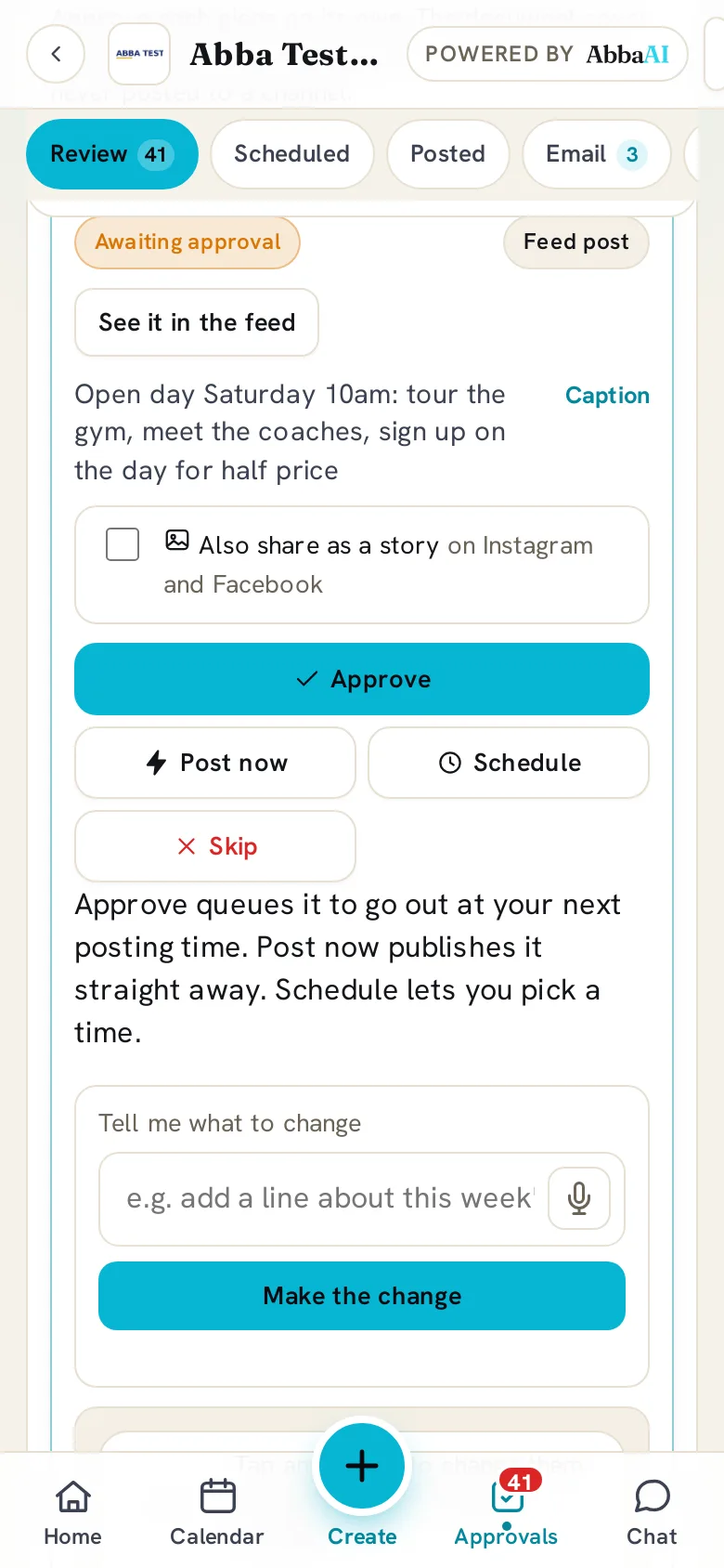 The same approvals queue on a phone, with a feed post awaiting approval