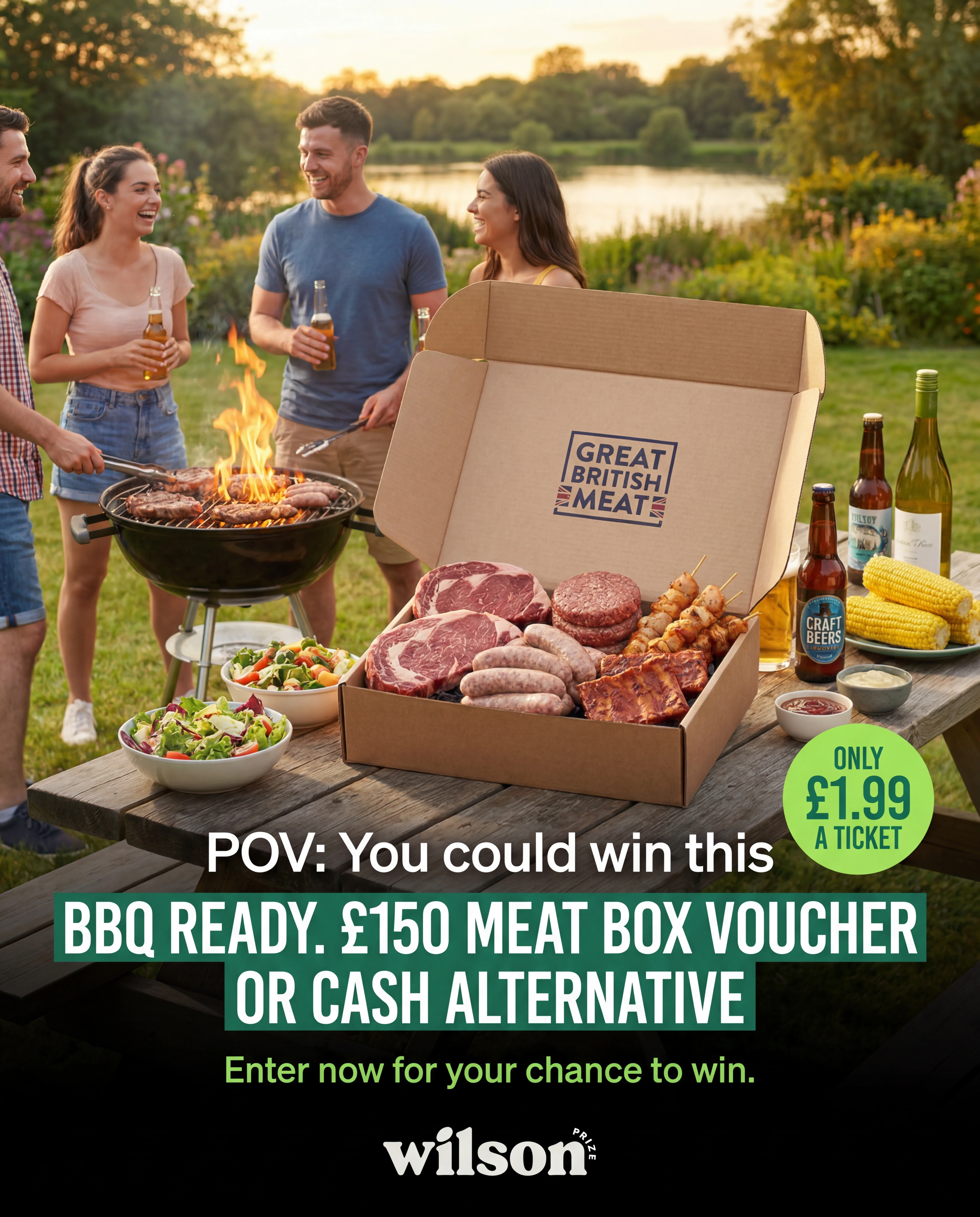 POV: you could win this — a £150 BBQ meat box voucher, or take the cash. £1.99 a ticket.