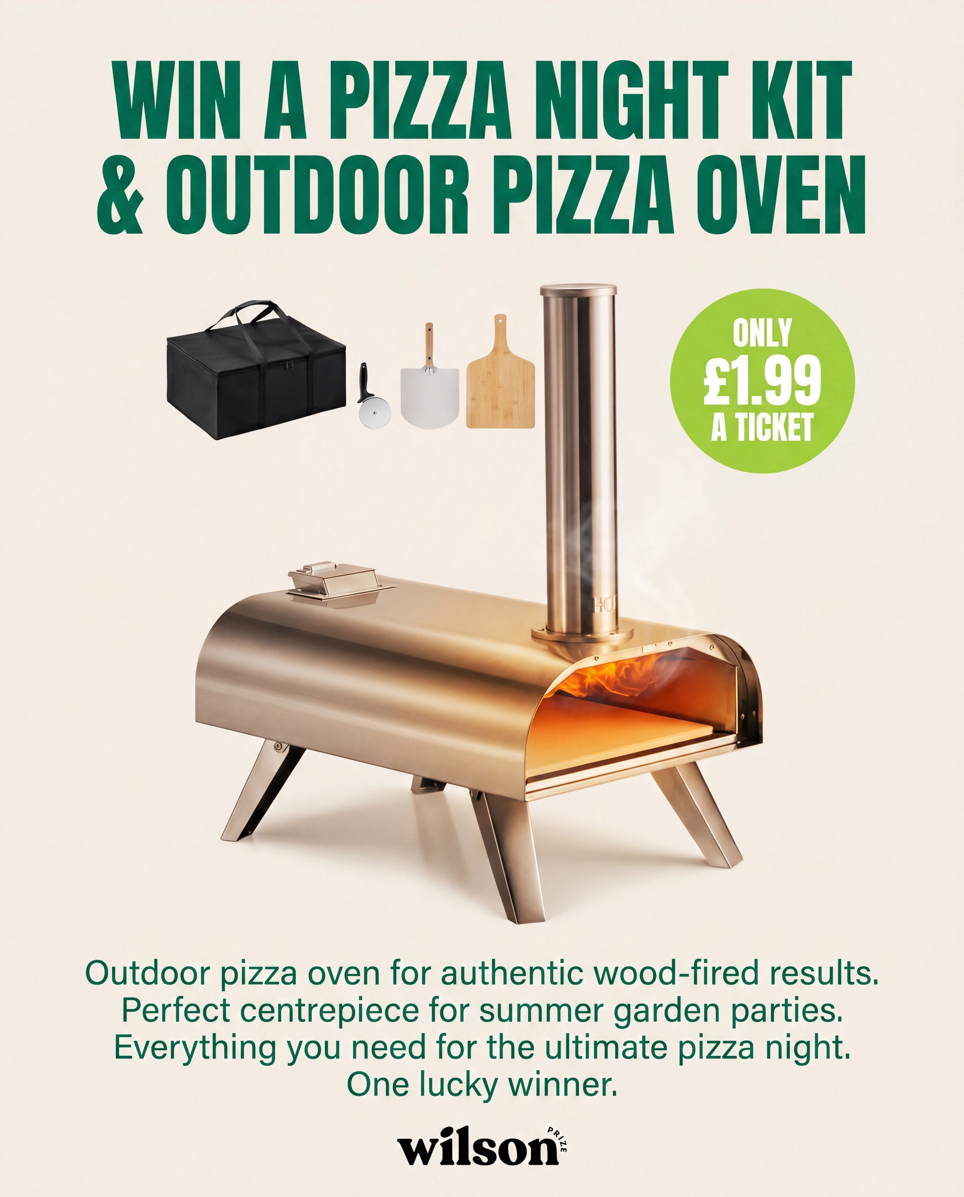 Win a pizza night kit and outdoor wood-fired pizza oven. £1.99 a ticket.